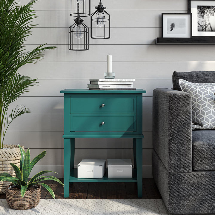 Franklin Nightstand Table with 2 Drawers and Lower Shelf - Emerald Green