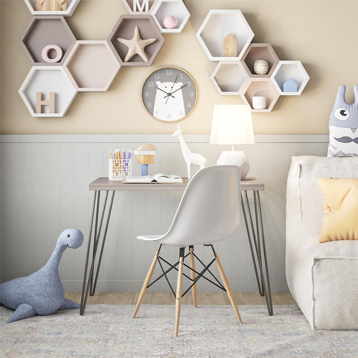 Owen Retro Computer Desk with Large Worksurface and Hairpin Legs - Distressed Gray Oak