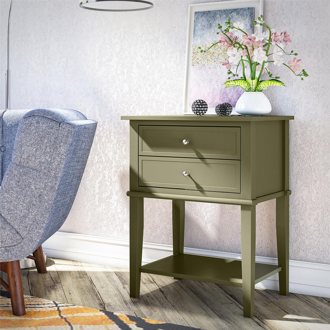 Franklin Nightstand Table with 2 Drawers and Lower Shelf - Olive Green