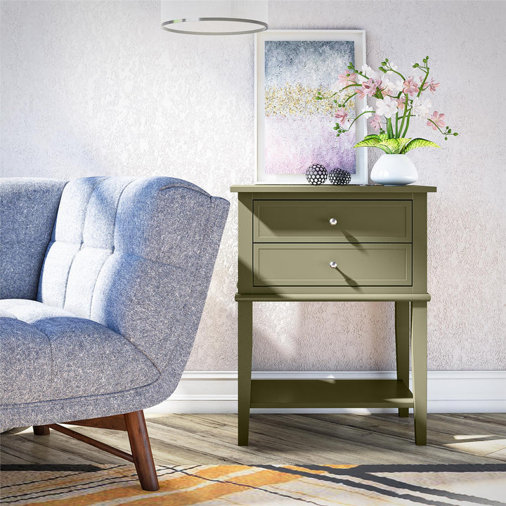 Franklin Nightstand Table with 2 Drawers and Lower Shelf - Olive Green