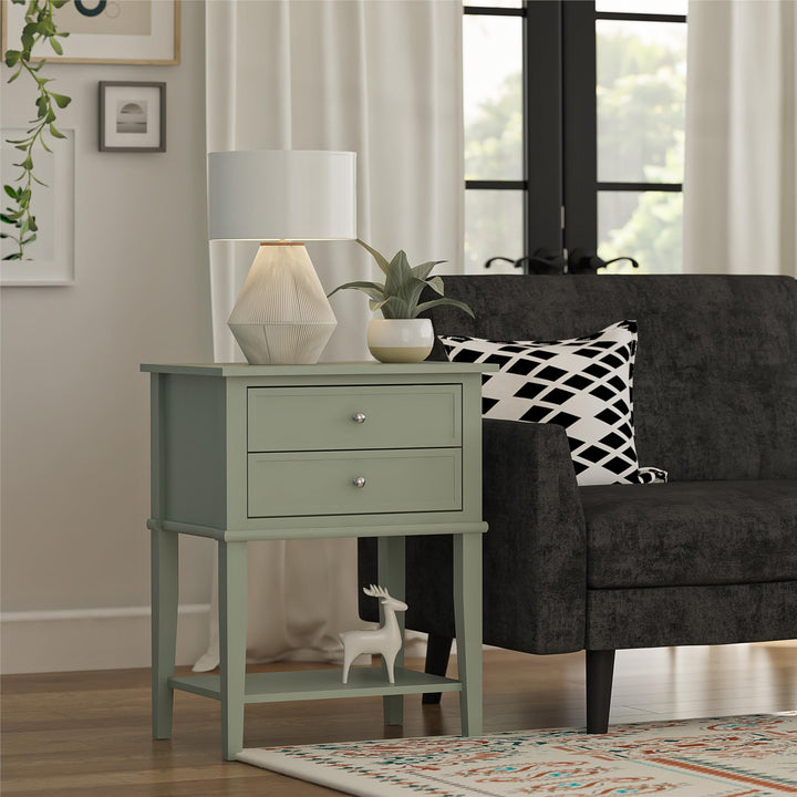 Franklin Nightstand Table with 2 Drawers and Lower Shelf - Pale Green