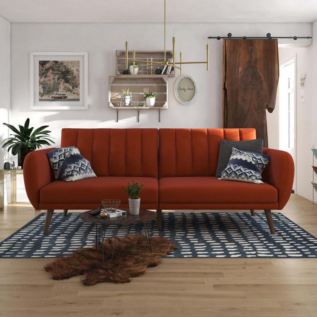 Brittany Futon with Vertical Channel Tufting and Curved Armrests - Orange