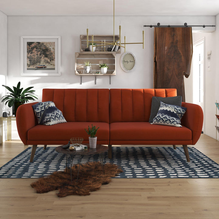 Brittany Futon with Vertical Channel Tufting and Curved Armrests - Orange