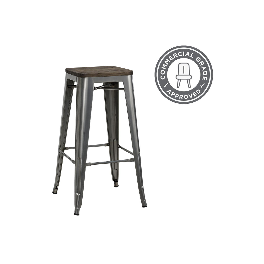 Fusion 30 Inch Metal Backless Bar Stool with Wood Seat, Set of 2 - Silver