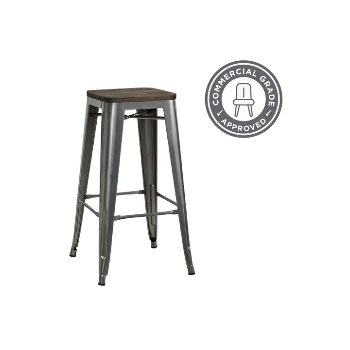 Fusion 30 Inch Metal Backless Bar Stool with Wood Seat, Set of 2 - Silver