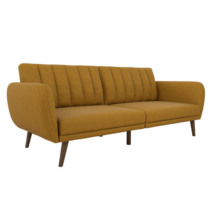 Brittany Futon with Vertical Channel Tufting and Curved Armrests - Mustard