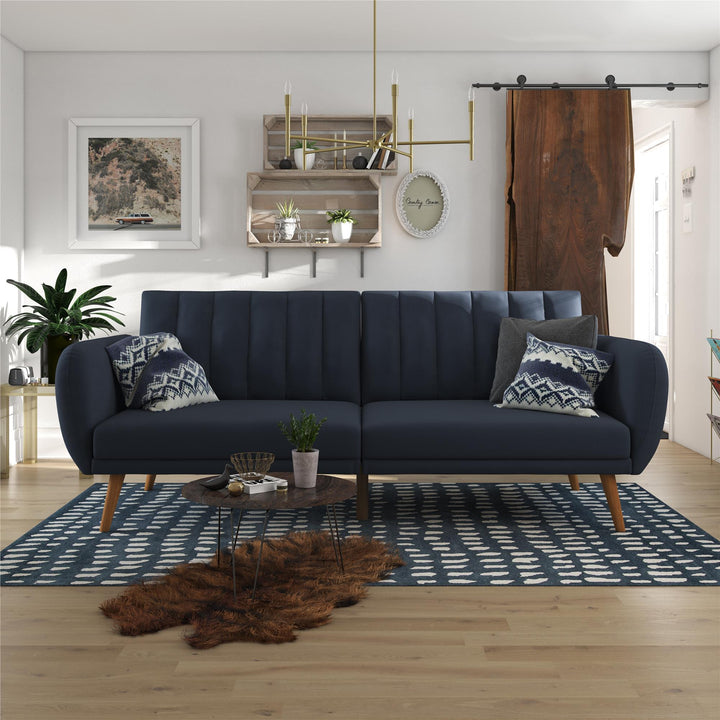 Brittany Futon with Vertical Channel Tufting and Curved Armrests - Navy