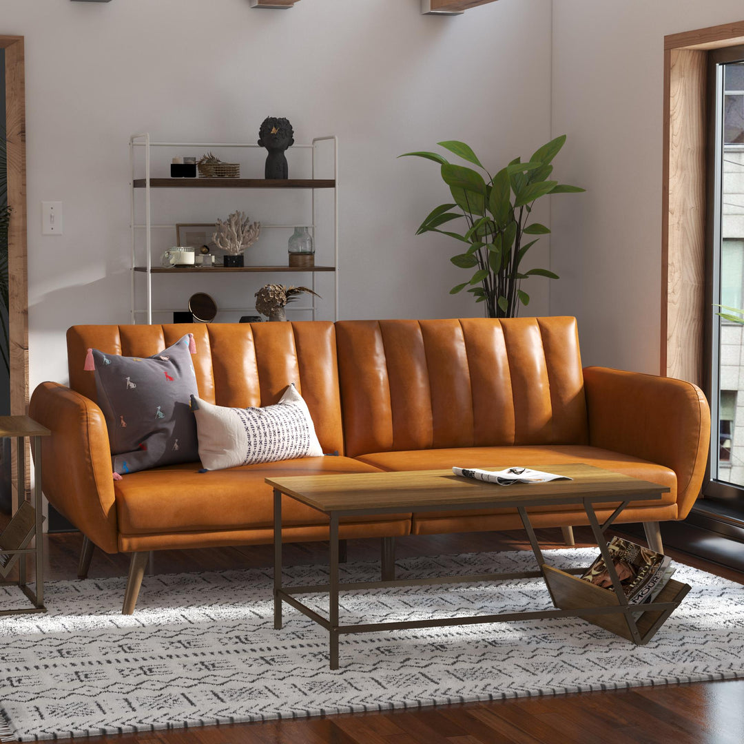 Brittany Futon with Vertical Channel Tufting and Curved Armrests - Camel Faux Leather
