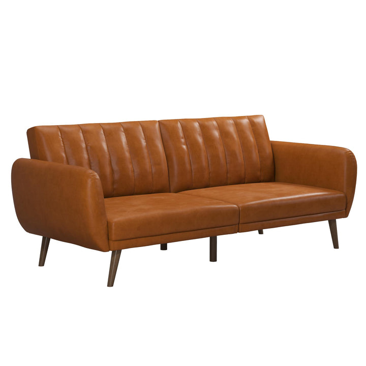 Brittany Futon with Vertical Channel Tufting and Curved Armrests - Camel Faux Leather