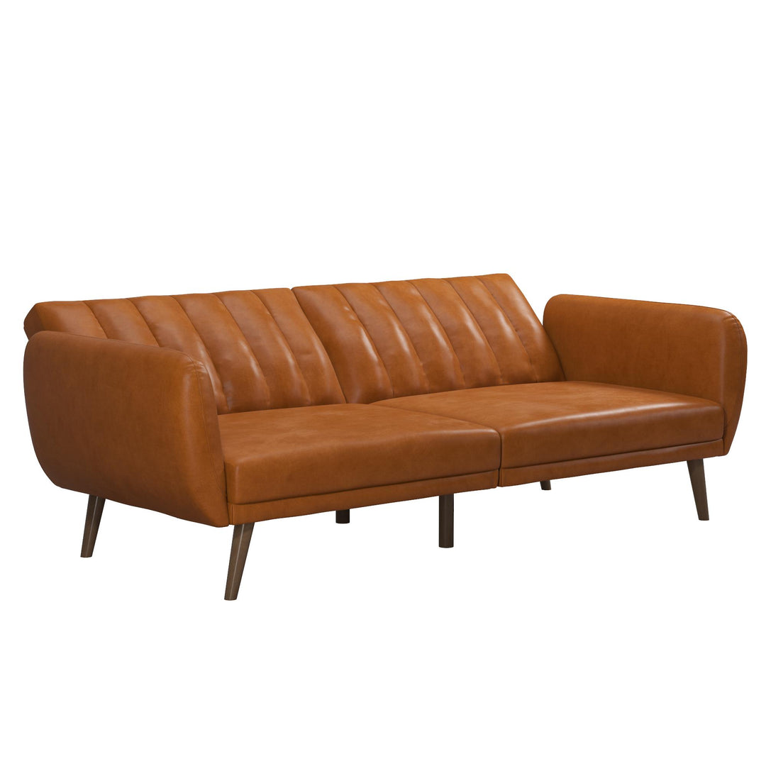 Brittany Futon with Vertical Channel Tufting and Curved Armrests - Camel Faux Leather