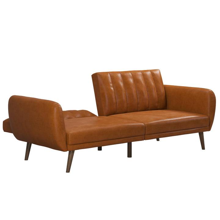Brittany Futon with Vertical Channel Tufting and Curved Armrests - Camel Faux Leather