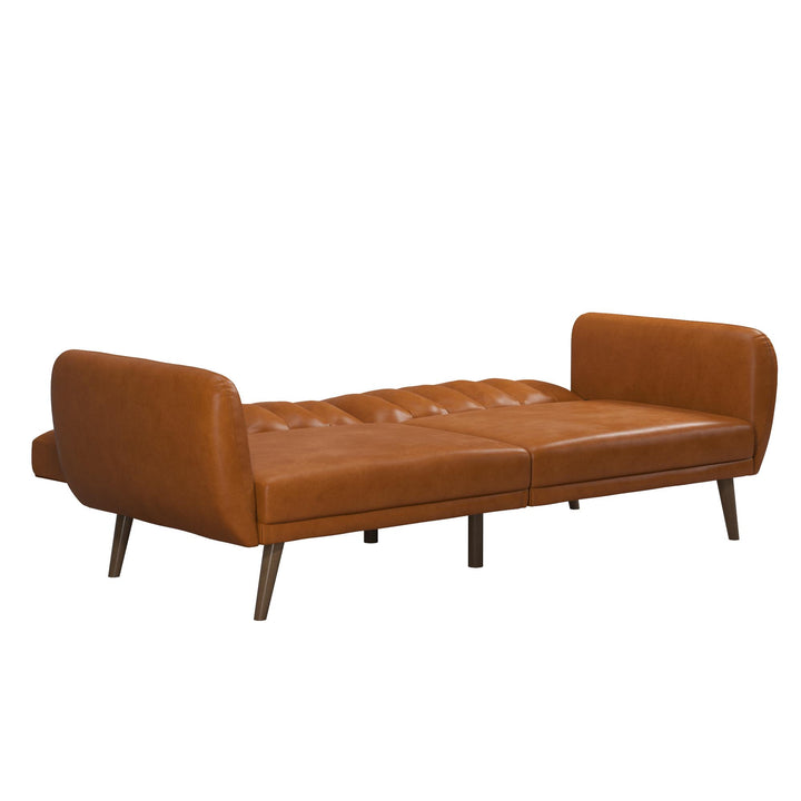 Brittany Futon with Vertical Channel Tufting and Curved Armrests - Camel Faux Leather