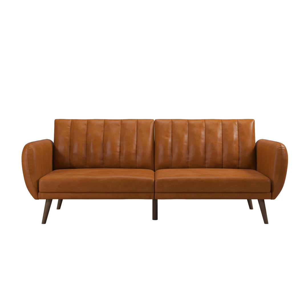 Brittany Futon with Vertical Channel Tufting and Curved Armrests - Camel Faux Leather