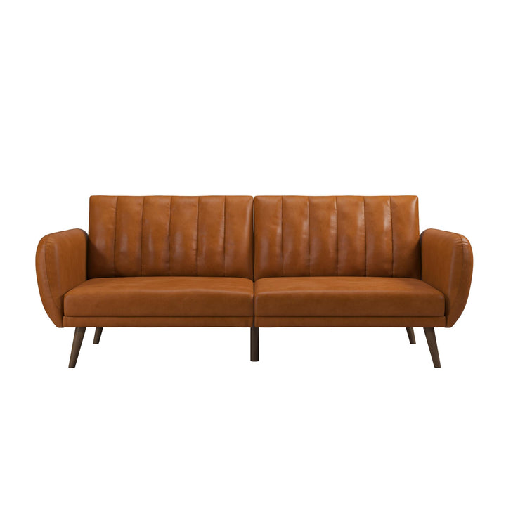 Brittany Futon with Vertical Channel Tufting and Curved Armrests - Camel Faux Leather