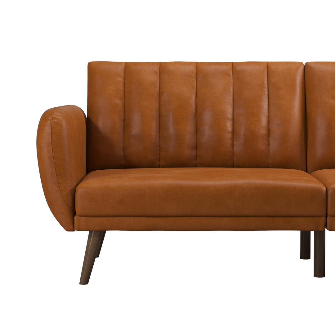 Brittany Futon with Vertical Channel Tufting and Curved Armrests - Camel Faux Leather