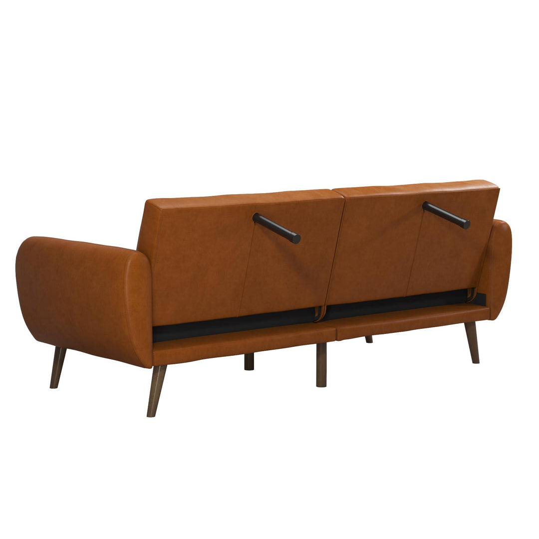 Brittany Futon with Vertical Channel Tufting and Curved Armrests - Camel Faux Leather