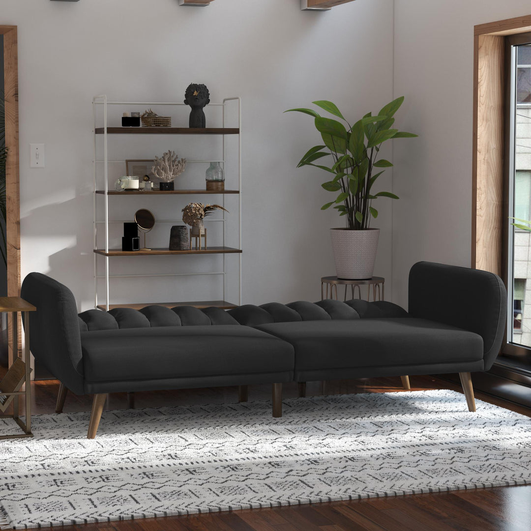 Brittany Futon with Vertical Channel Tufting and Curved Armrests - Dark Gray