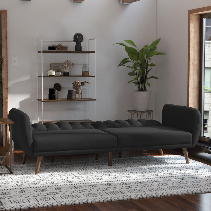 Brittany Futon with Vertical Channel Tufting and Curved Armrests - Dark Gray