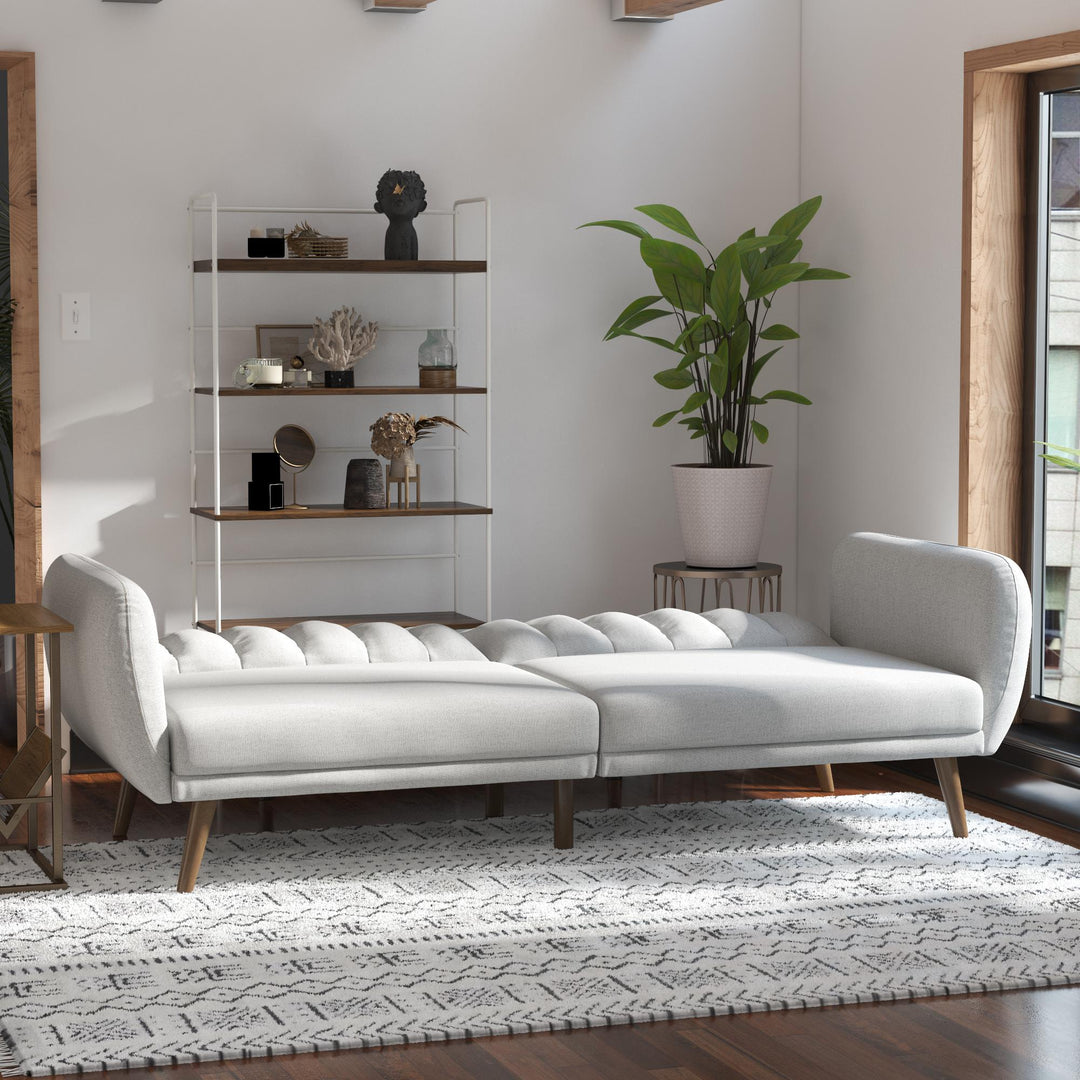 Brittany Futon with Vertical Channel Tufting and Curved Armrests - Light Gray