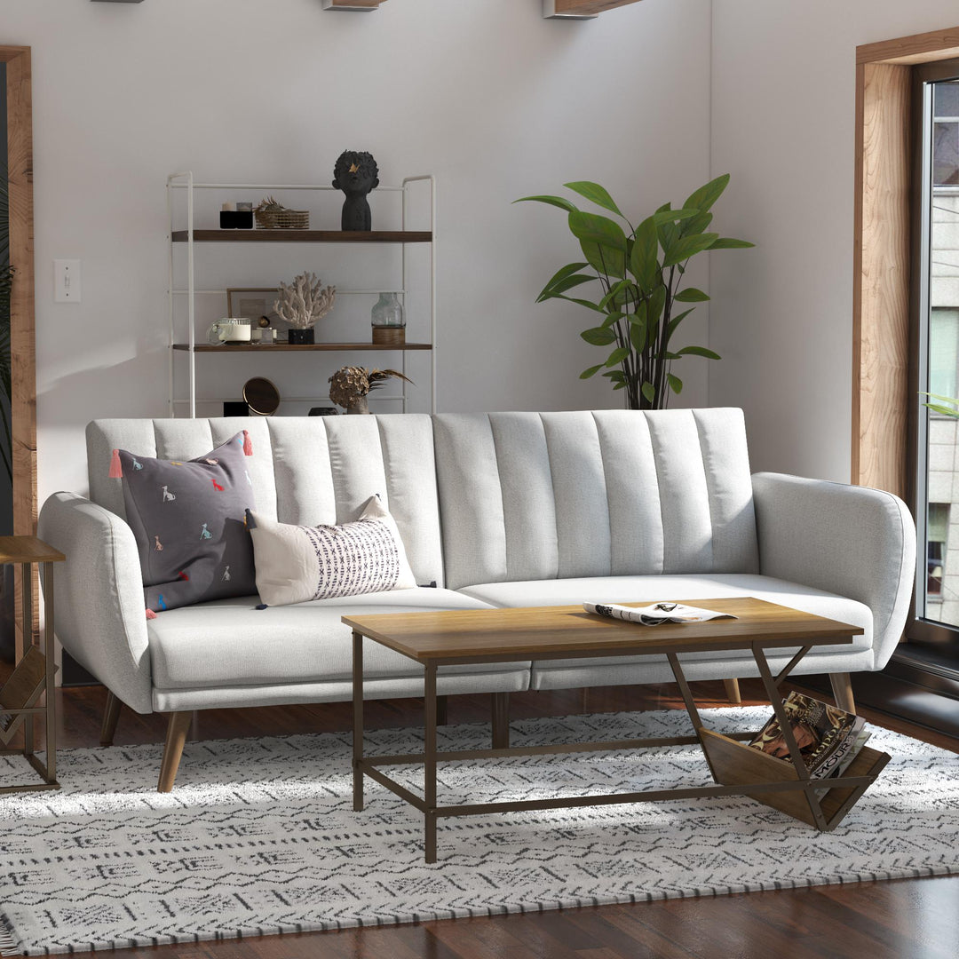 Brittany Futon with Vertical Channel Tufting and Curved Armrests - Light Gray
