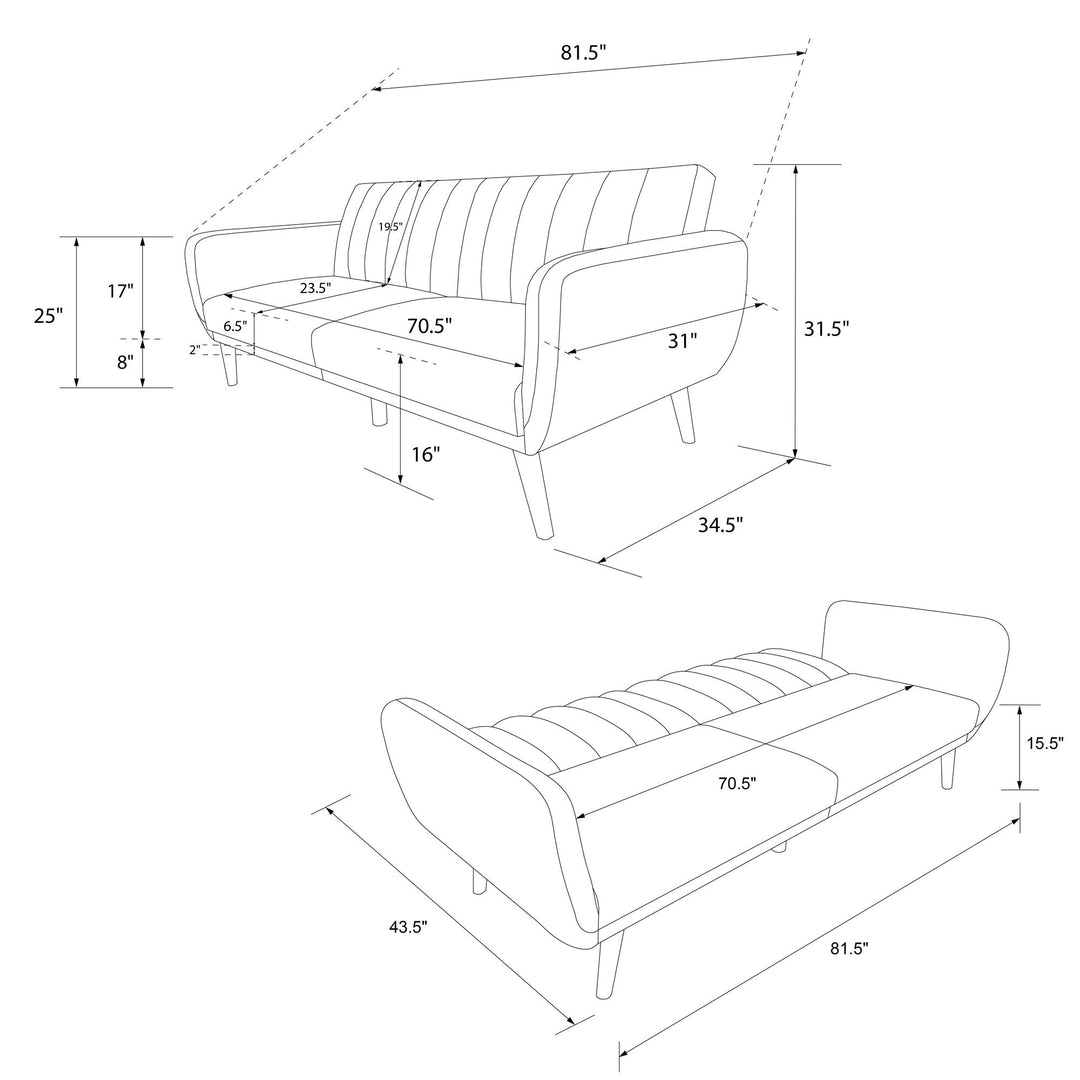 Brittany Futon with Vertical Channel Tufting and Curved Armrests - Teal