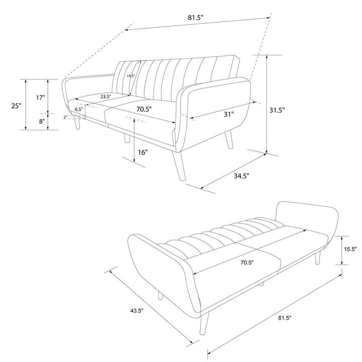 Brittany Futon with Vertical Channel Tufting and Curved Armrests - Teal