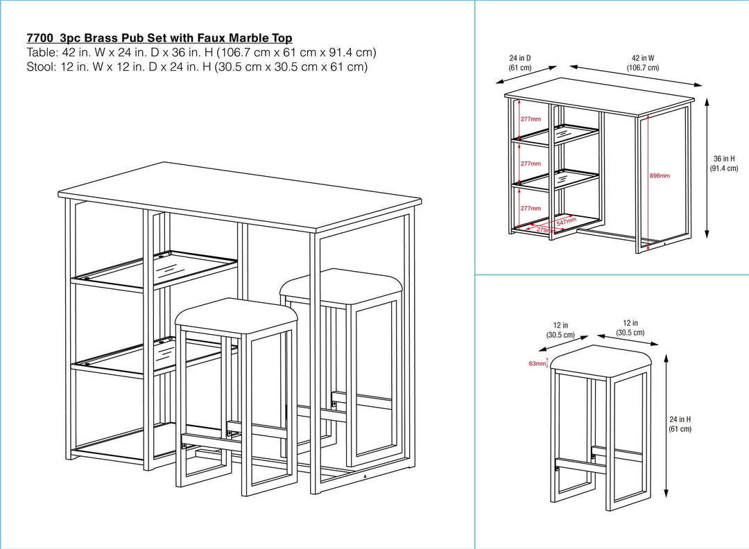Tanner 3 Piece Brass Pub Set with 2 Bar Stools, a Faux Marble Top and 3 Storage Shelves - White