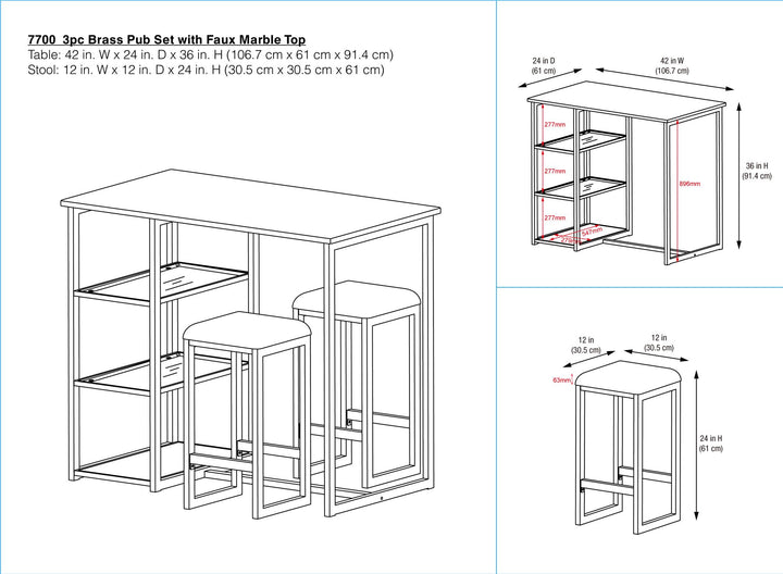 Tanner 3 Piece Brass Pub Set with 2 Bar Stools, a Faux Marble Top and 3 Storage Shelves - White