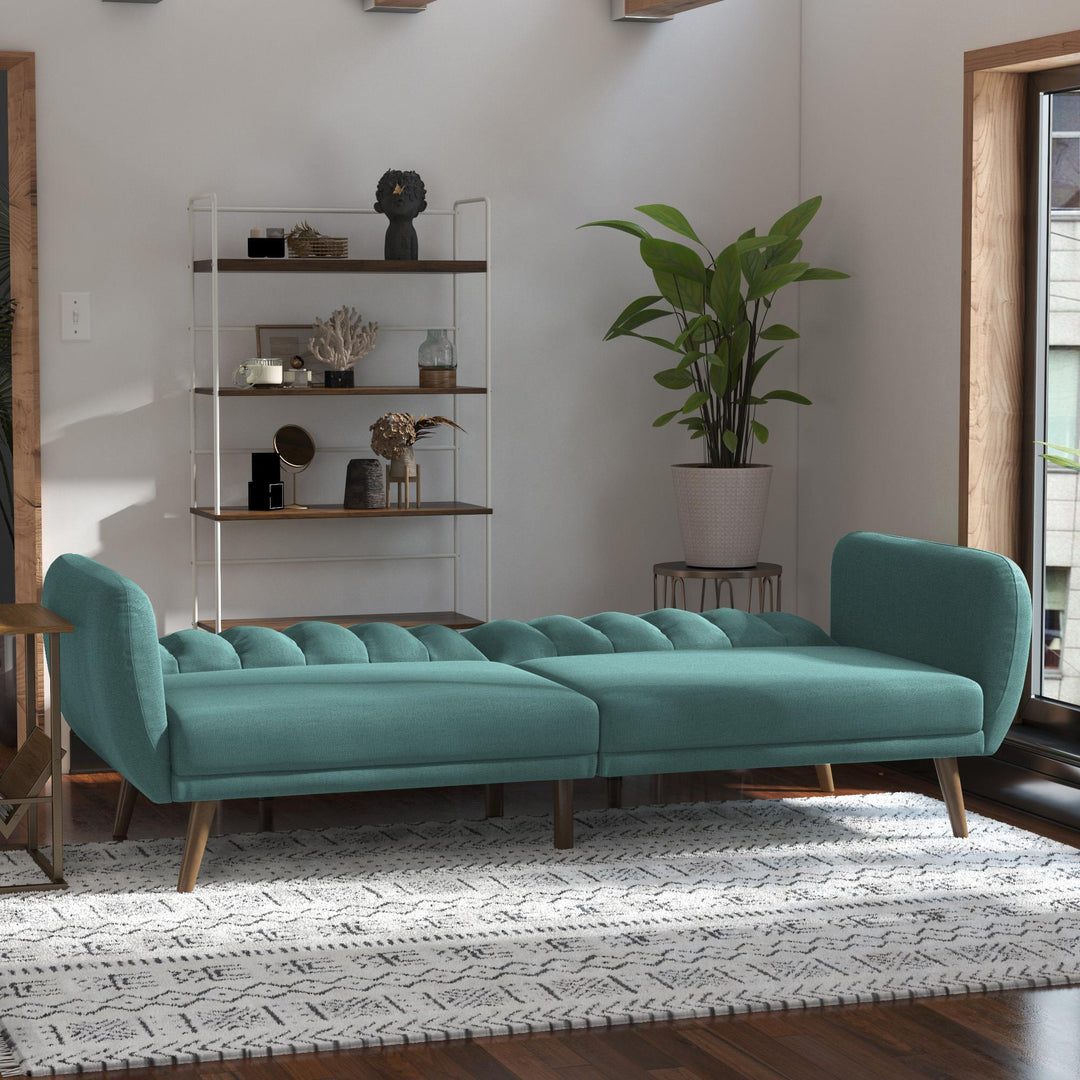 Brittany Futon with Vertical Channel Tufting and Curved Armrests - Teal