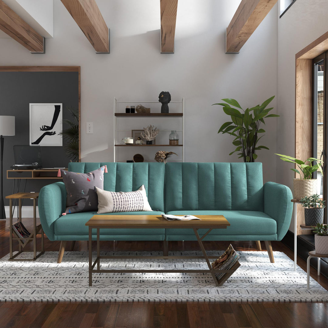 Brittany Futon with Vertical Channel Tufting and Curved Armrests - Teal
