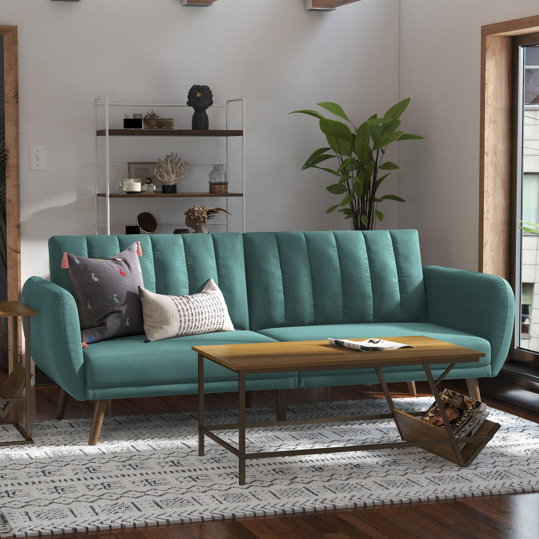 Brittany Futon with Vertical Channel Tufting and Curved Armrests - Teal