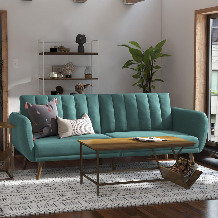 Brittany Futon with Vertical Channel Tufting and Curved Armrests - Teal