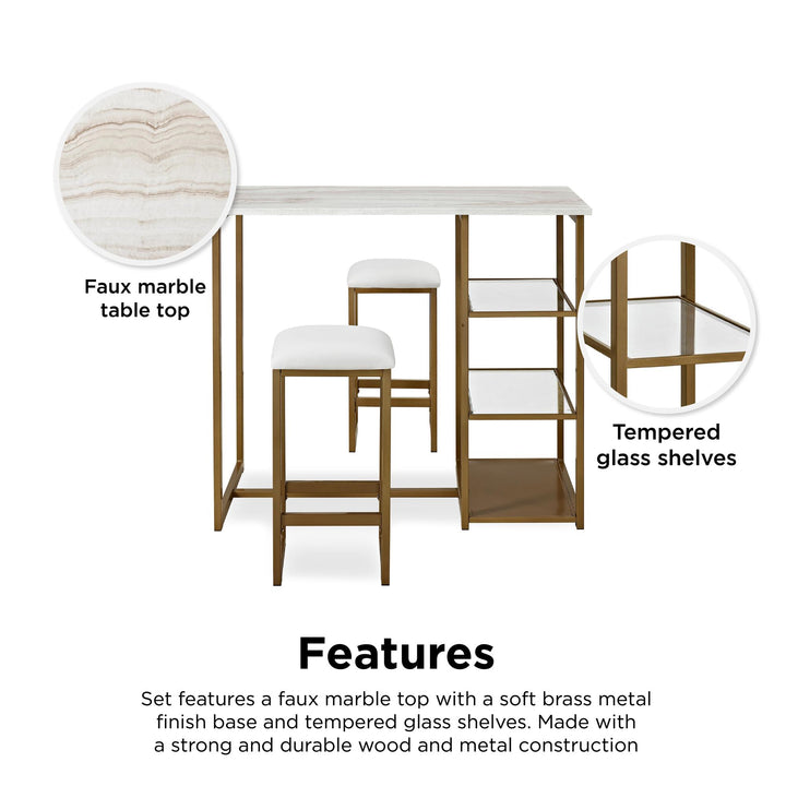Tanner 3 Piece Brass Pub Set with 2 Bar Stools, a Faux Marble Top and 3 Storage Shelves - White