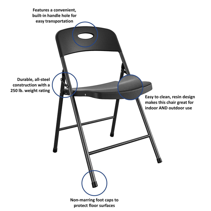 Solid Resin Plastic Folding Chair, Indoor/Outdoor, Double Braced, Set of 4 - Black - 4-Pack