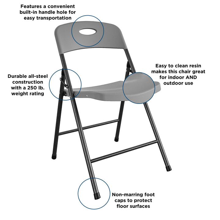 Solid Resin Plastic Folding Chair, Indoor/Outdoor, Double Braced, Set of 4 - Gray - 4-Pack