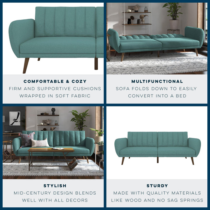Brittany Futon with Vertical Channel Tufting and Curved Armrests - Teal
