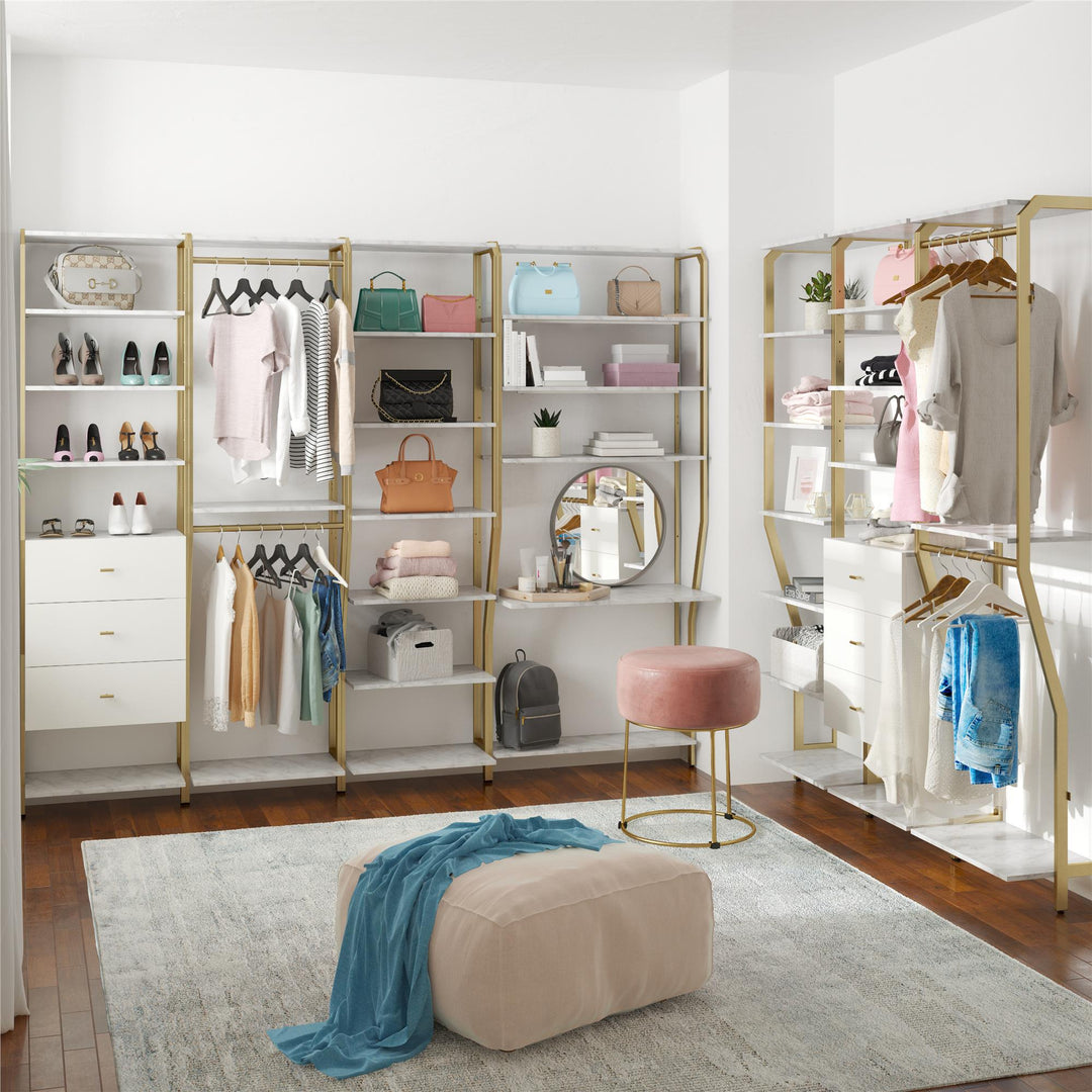 Gwyneth Closet System with 5 Shelves and 3 Drawers - White marble
