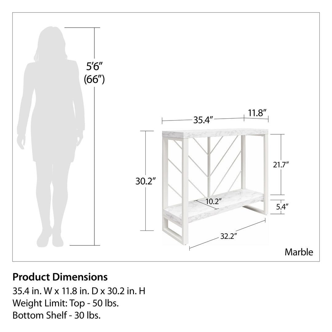 Brielle Console Table with 2 Shelves and Metal Base - White marble