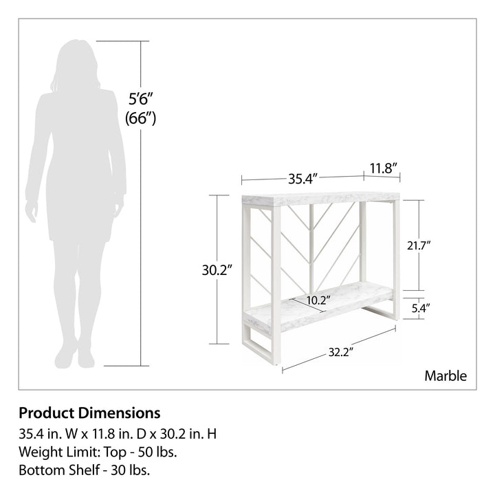 Brielle Console Table with 2 Shelves and Metal Base - White marble