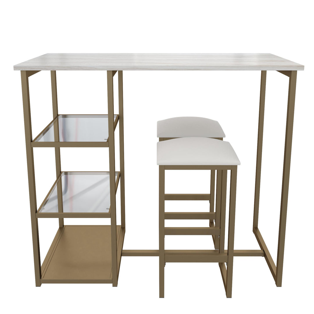 Tanner 3 Piece Brass Pub Set with 2 Bar Stools, a Faux Marble Top and 3 Storage Shelves - White