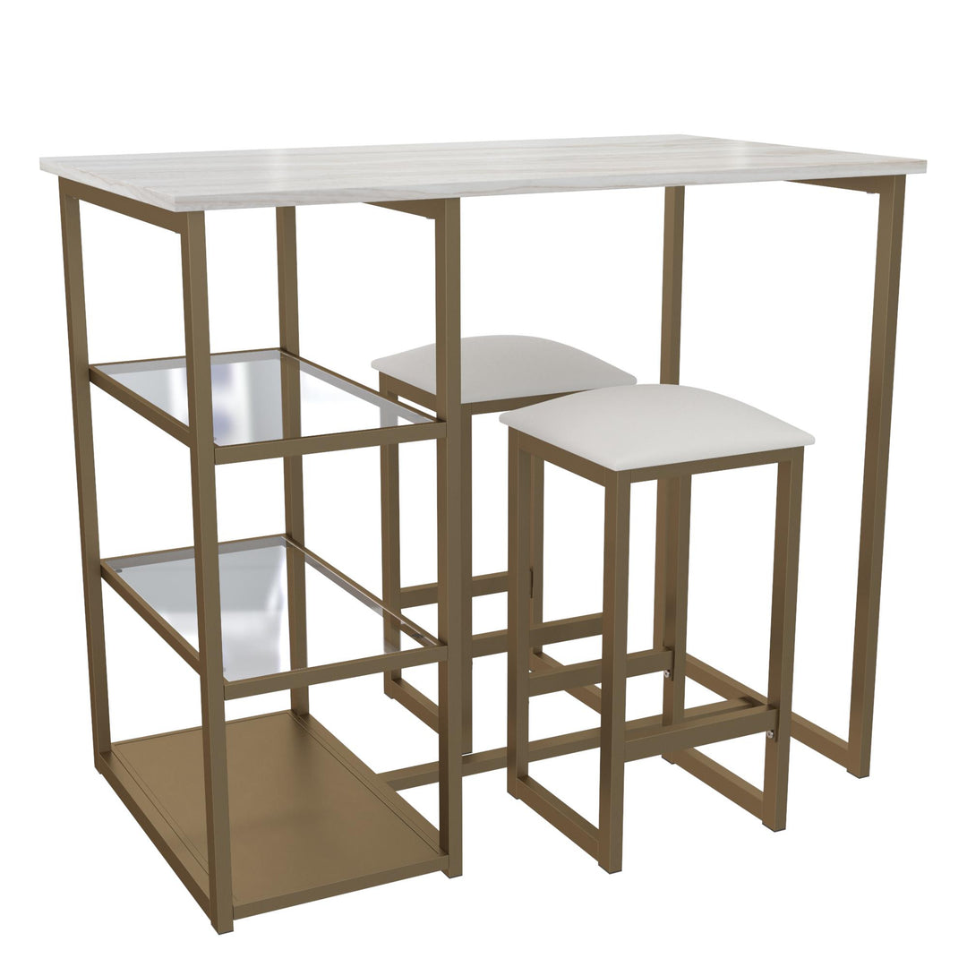 Tanner 3 Piece Brass Pub Set with 2 Bar Stools, a Faux Marble Top and 3 Storage Shelves - White