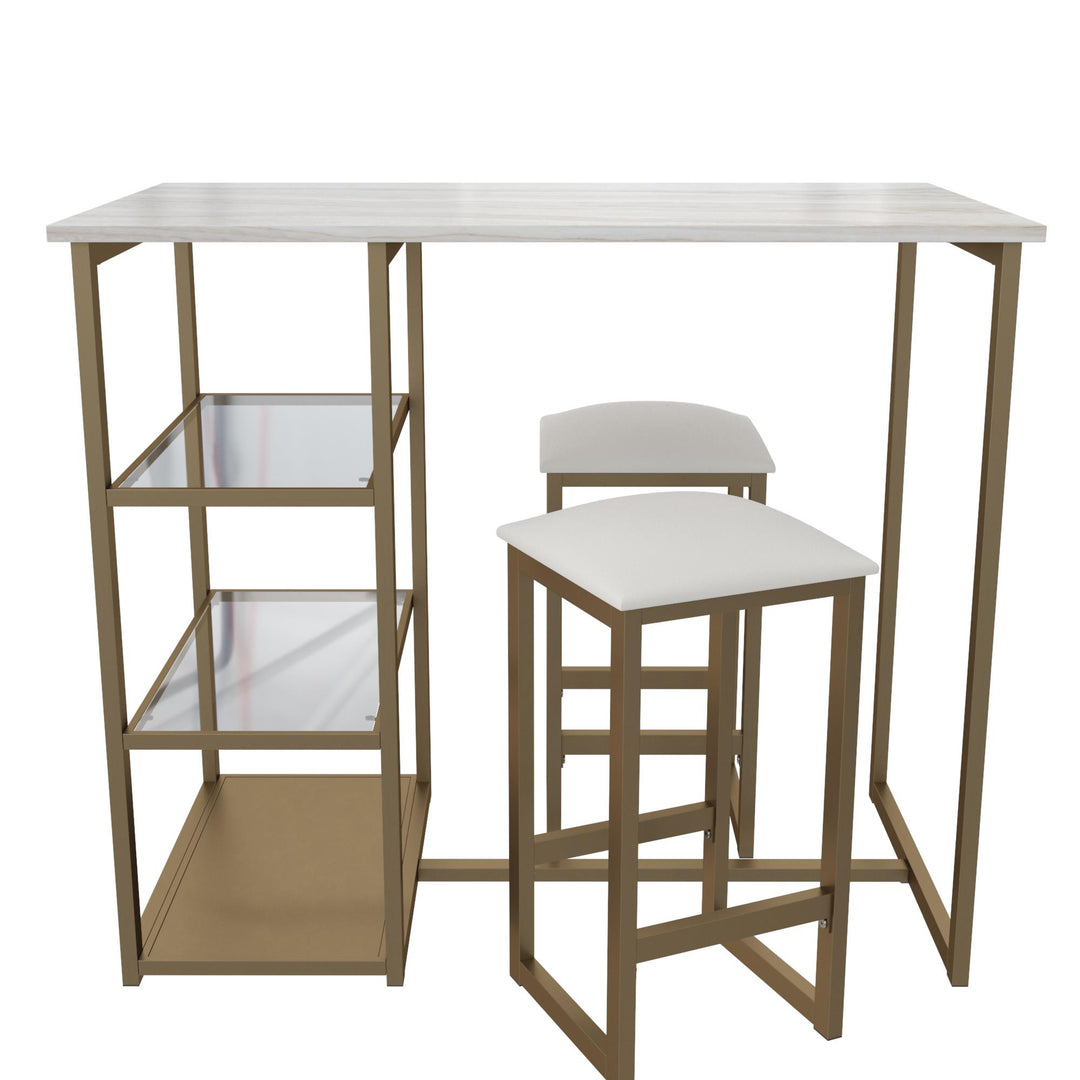 Tanner 3 Piece Brass Pub Set with 2 Bar Stools, a Faux Marble Top and 3 Storage Shelves - White