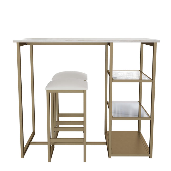Tanner 3 Piece Brass Pub Set with 2 Bar Stools, a Faux Marble Top and 3 Storage Shelves - White