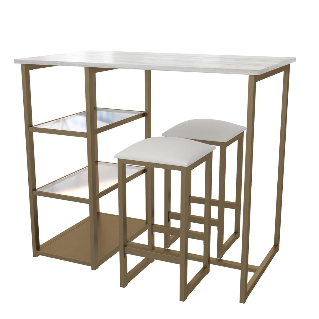 Tanner 3 Piece Brass Pub Set with 2 Bar Stools, a Faux Marble Top and 3 Storage Shelves - White
