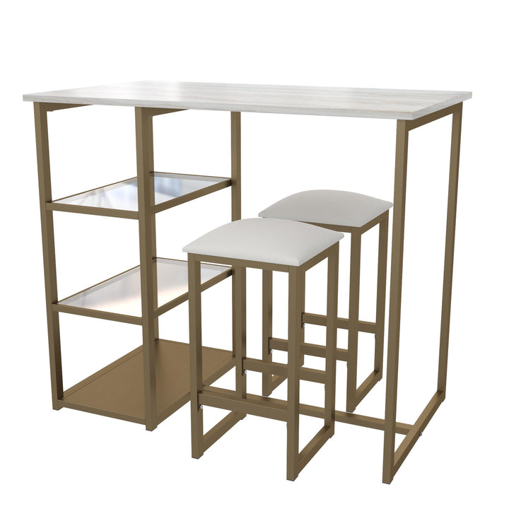 Tanner 3 Piece Brass Pub Set with 2 Bar Stools, a Faux Marble Top and 3 Storage Shelves - White