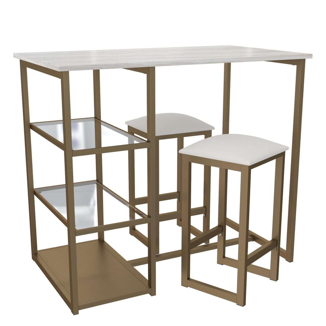 Tanner 3 Piece Brass Pub Set with 2 Bar Stools, a Faux Marble Top and 3 Storage Shelves - White