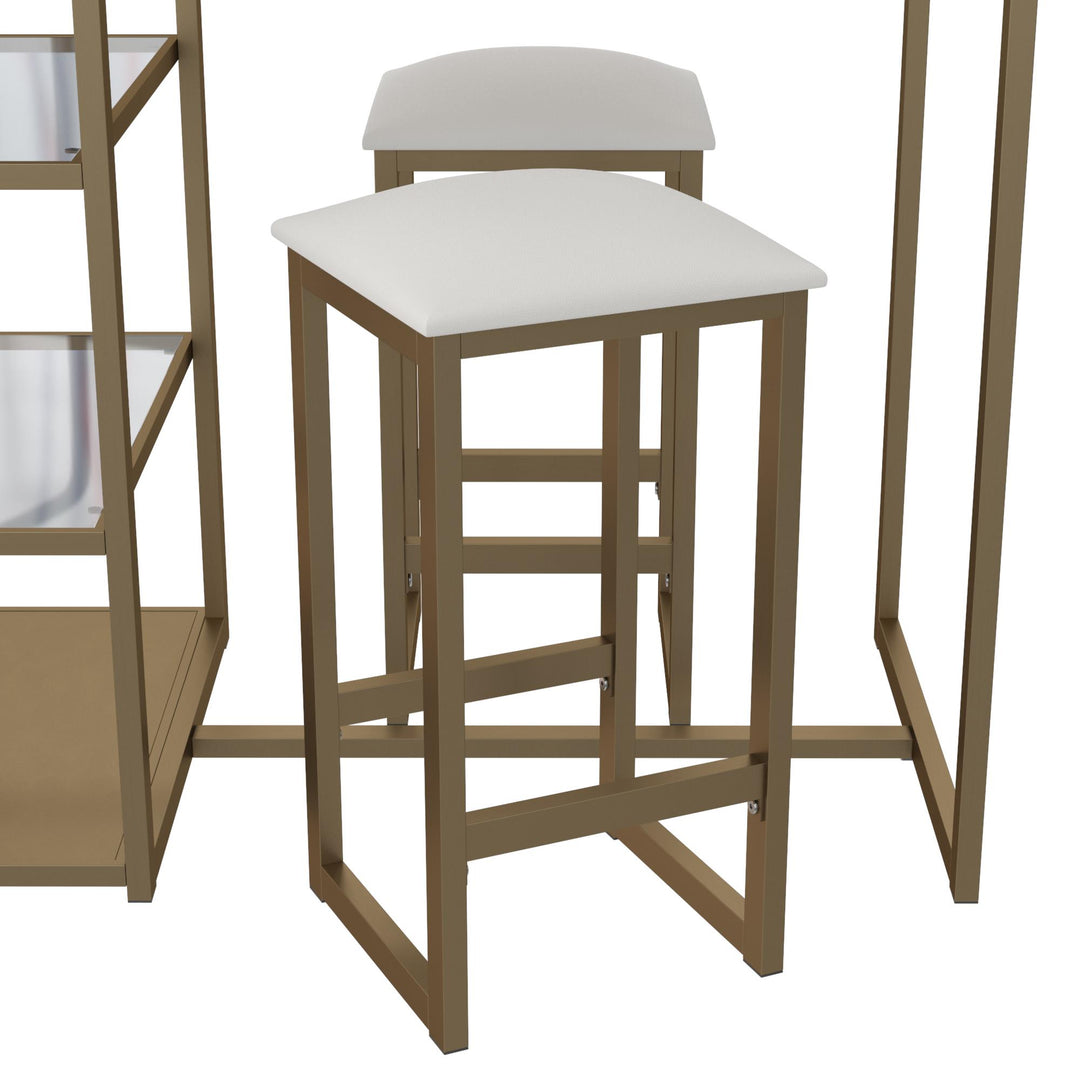 Tanner 3 Piece Brass Pub Set with 2 Bar Stools, a Faux Marble Top and 3 Storage Shelves - White
