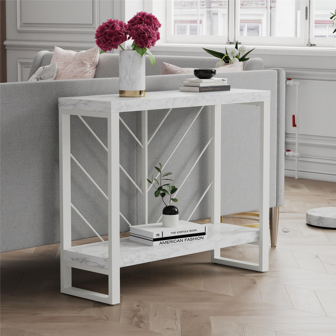 Brielle Console Table with 2 Shelves and Metal Base - White marble
