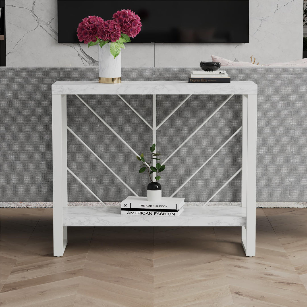 Brielle Console Table with 2 Shelves and Metal Base - White marble