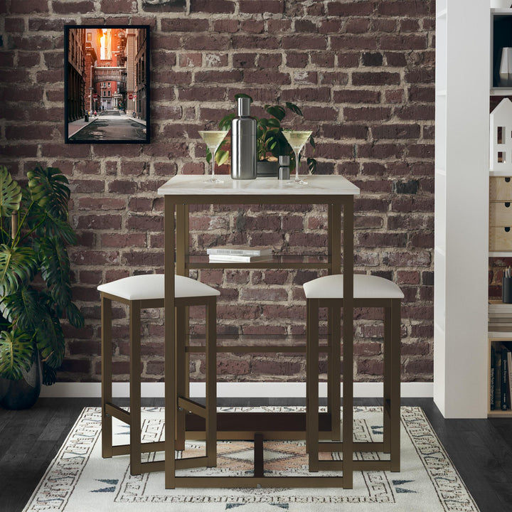 Tanner 3 Piece Brass Pub Set with 2 Bar Stools, a Faux Marble Top and 3 Storage Shelves - White